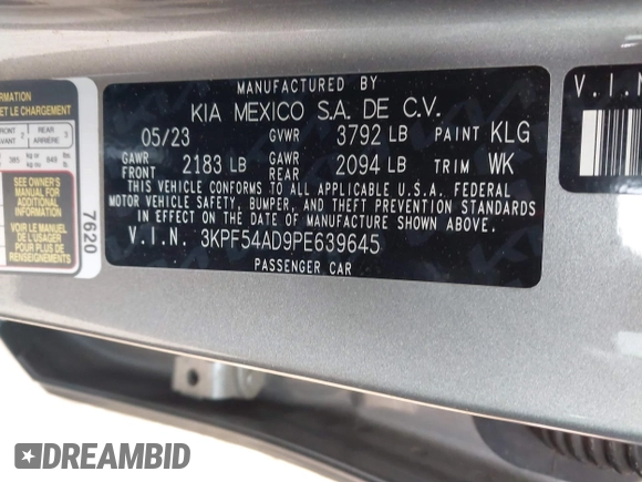 2023 Kia Forte GT-Line with VIN 3KPF54AD9PE639645, listed as a IAAI auction lot 41617379 with 27,349 mi miles. Bid and sale history available at carsss.com. Image 9.
