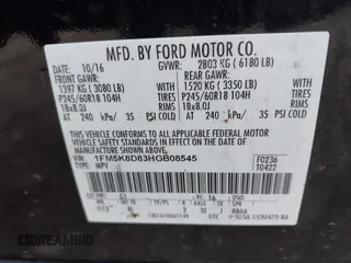 2017 Ford Explorer XLT with VIN 1FM5K8D83HGB08545, listed as a IAAI auction lot 42517699 with 153,898 mi miles and . Bid and sale history available at DreamBid. Image 9.