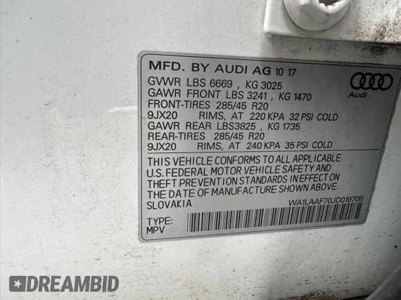 2018 Audi Q7 Premium Plus with VIN WA1LAAF70JD019706, listed as a Copart auction lot 63009995 with 109,501 mi miles and Clean title. Bid and sale history available at DreamBid. Image 13.
