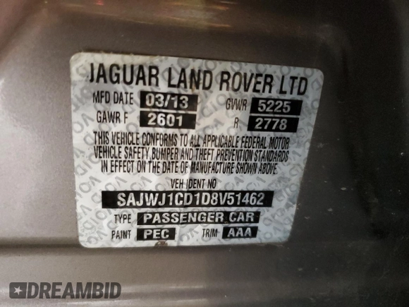 2013 Jaguar XJ with VIN SAJWJ1CD1D8V51462, listed as a Copart auction lot 50527985 with 62,995 mi miles and Salvage title. Bid and sale history available at DreamBid. Image 13.