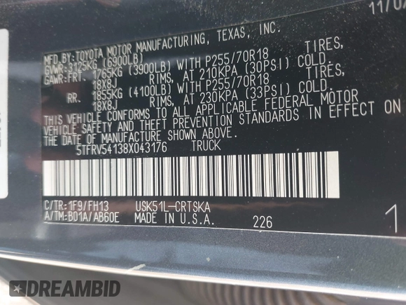 2008 Toyota Tundra z VIN 5TFRV54138X043176, wystawiony jako IAAI lot #42168679 z przebiegiem 87 120 mil mil oraz . Historia ofert i sprzedaży dostępna na DreamBid. Obrazek 9.