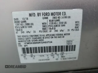 2019 Ford Explorer с VIN 1FM5K8B80KGA93724, выставлен на аукционе Copart как лот 58006385 с пробегом 71 189 миль миль и Списание • Salvage title. История ставок и продаж доступна на DreamBid. Изображение 13.