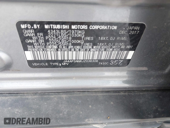 2018 Mitsubishi Outlander SE with VIN JA4AP3AWXJZ036306, listed as a IAAI auction lot 42058989 with 101,548 mi miles and . Bid and sale history available at DreamBid. Image 9.
