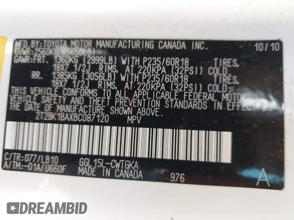 2011 Lexus RX 350 with VIN 2T2BK1BAXBC087120, listed as a IAAI auction lot 42079698 with 211,099 mi miles and . Bid and sale history available at DreamBid. Image 9.