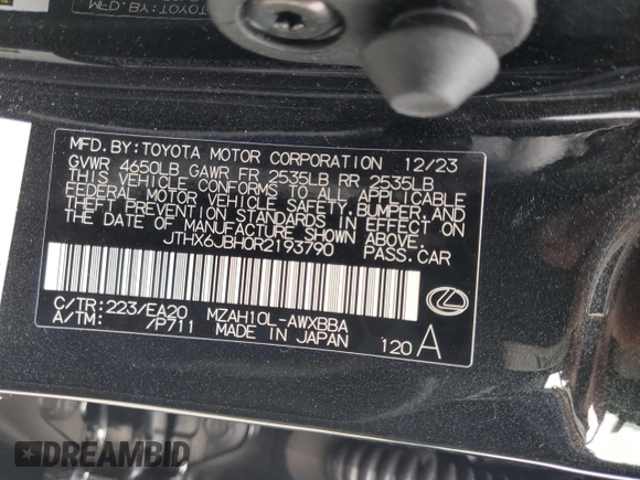 2024 Lexus UX with VIN JTHX6JBH0R2193790, listed as a Copart auction lot 54974844 with 1,268 mi miles and Salvage Title. Bid and sale history available at carsss.com. Image 14.