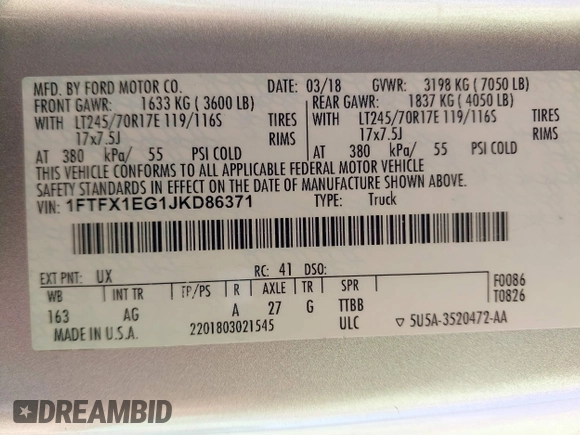 2018 Ford F-150 XL with VIN 1FTFX1EG1JKD86371, listed as a IAAI auction lot 42617305 with 212,187 mi miles and . Bid and sale history available at DreamBid. Image 9.