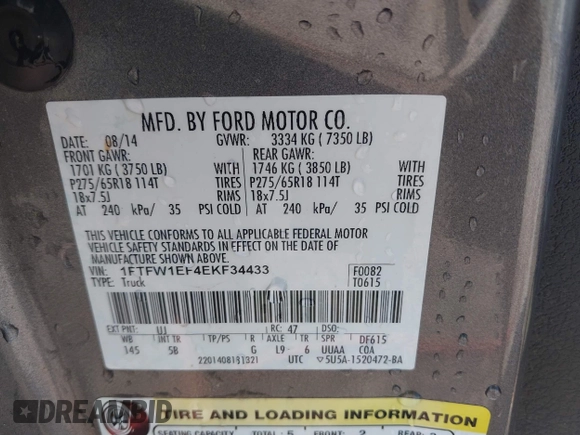 2014 Ford F-150 XL with VIN 1FTFW1EF4EKF34433, listed as a IAAI auction lot 41770235 with 119,102 mi miles and . Bid and sale history available at DreamBid. Image 9.