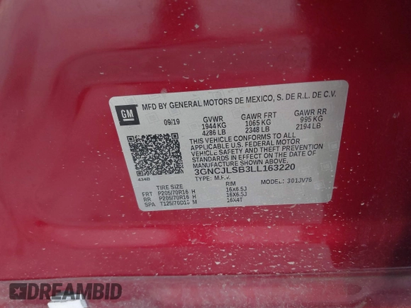 2020 Chevrolet Trax LT with VIN 3GNCJLSB3LL163220, listed as a IAAI auction lot 41630398 with 34,513 mi miles and . Bid and sale history available at DreamBid. Image 9.