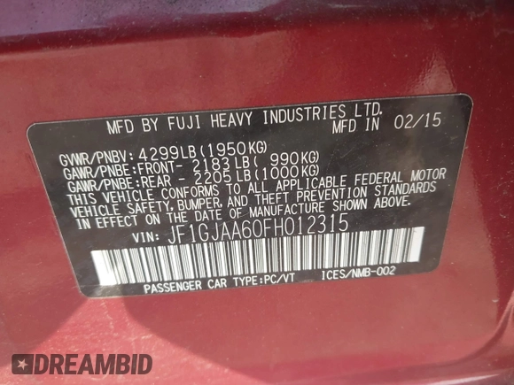 2015 Subaru Impreza with VIN JF1GJAA60FH012315, listed as a IAAI auction lot 42363965 with 131,539 mi miles and . Bid and sale history available at DreamBid. Image 9.