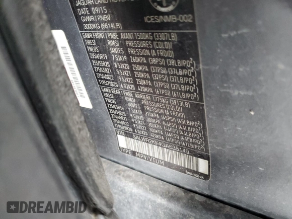 2016 Land Rover Range Rover Sport HSE with VIN SALWR2KF4GA635149, listed as a Copart auction lot 46908775 with 196,015 mi miles and Clean Title. Bid and sale history available at DreamBid. Image 13.