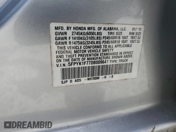 2013 Honda Ridgeline Sport with VIN 5FPYK1F77DB009641, listed as a Copart auction lot 63378875 with 115,828 mi miles and Salvage title. Bid and sale history available at DreamBid. Image 12.