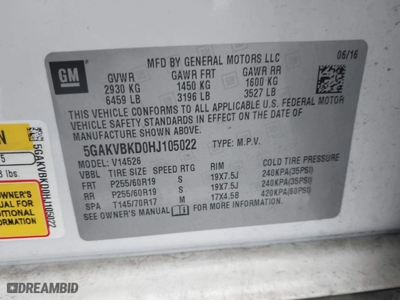 2017 Buick Enclave Leather with VIN 5GAKVBKD0HJ105022, listed as a IAAI auction lot 41542583 with 97,580 mi miles. Bid and sale history available at carsss.com. Image 9.