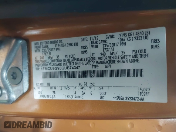 2016 Ford Escape SE with VIN 1FMCU9G95GUB74347, listed as a IAAI auction lot 41560409 with 123,464 mi miles. Bid and sale history available at carsss.com. Image 9.