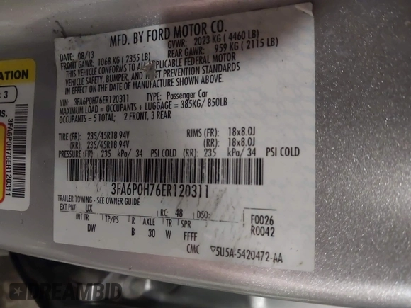 2014 Ford Fusion SE with VIN 3FA6P0H76ER120311, listed as a IAAI auction lot 41593531 with 130,113 mi miles and . Bid and sale history available at DreamBid. Image 9.