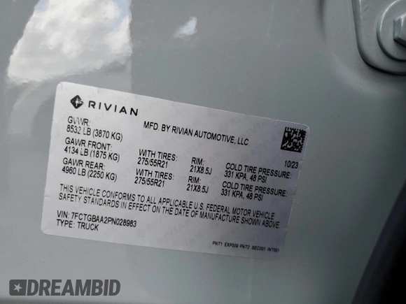 2023 Rivian R1T Adventure with VIN 7FCTGBAA2PN028983, listed as a Copart auction lot 45307015 with 220 mi miles and Salvage Title. Bid and sale history available at DreamBid. Image 14.