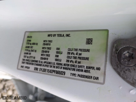 2023 Tesla Model 3 with VIN 5YJ3E1EA2PF665029, listed as a Copart auction lot 49822915 with 35,714 mi miles and Salvage Title. Bid and sale history available at carsss.com. Image 13.