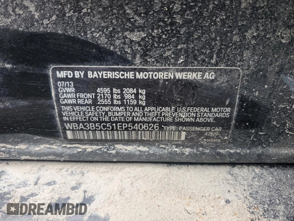 2014 BMW 3 Series 328i xDrive with VIN WBA3B5C51EP540626, listed as a Copart auction lot 50783245 with 98,257 mi miles and Salvage Title. Bid and sale history available at DreamBid. Image 12.