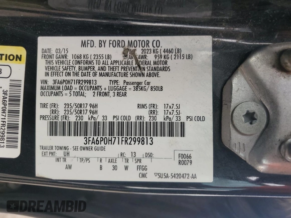 2015 Ford Fusion SE with VIN 3FA6P0H71FR299813, listed as a Copart auction lot 59503885 with 219,831 mi miles and Clean title. Bid and sale history available at DreamBid. Image 12.