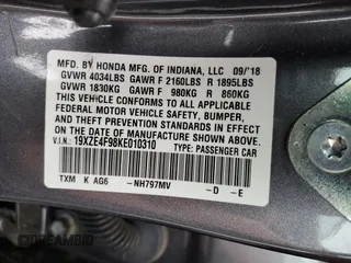 2019 Honda Insight Touring with VIN 19XZE4F98KE010310, listed as a Copart auction lot 61811544 with 52,514 mi miles and Salvage Title. Bid and sale history available at carsss.com. Image 13.