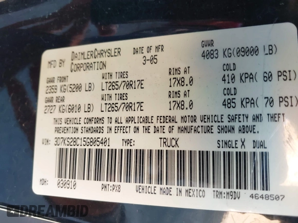 2005 Dodge 2500 SLT with VIN 3D7KS28C15G805401, listed as a IAAI auction lot 41406490 with 222,717 mi miles and . Bid and sale history available at DreamBid. Image 9.