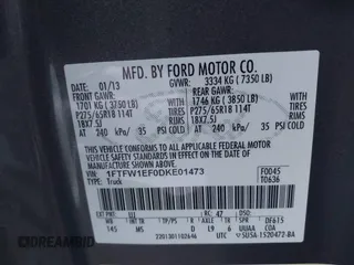2013 Ford F-150 XL z VIN 1FTFW1EF0DKE01473, wystawiony jako IAAI lot #41142622 z przebiegiem 97 906 mil mil oraz . Historia ofert i sprzedaży dostępna na DreamBid. Obrazek 9.
