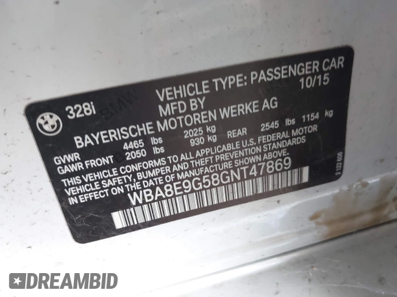 2016 BMW 3 Series 328i with VIN WBA8E9G58GNT47869, listed as a IAAI auction lot 41594120 with 57,561 mi miles. Bid and sale history available at carsss.com. Image 9.