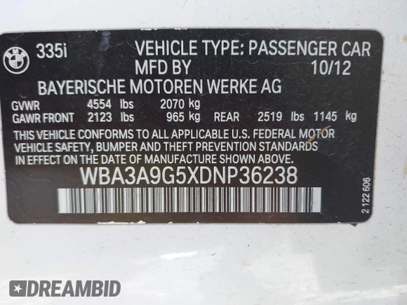 2013 BMW 3 Series 335i with VIN WBA3A9G5XDNP36238, listed as a IAAI auction lot 42347821 with 97,227 mi miles and . Bid and sale history available at DreamBid. Image 9.