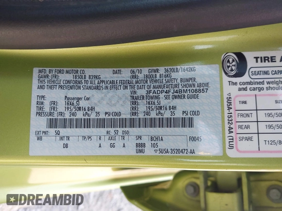 2011 Ford Fiesta SES with VIN 3FADP4FJ4BM108857, listed as a IAAI auction lot 41848272 with 138,943 mi miles. Bid and sale history available at carsss.com. Image 9.