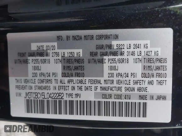 2020 Mazda CX-9 Touring with VIN JM3TCBCY5L0422262, listed as a IAAI auction lot 42456246 with 69,211 mi miles and . Bid and sale history available at DreamBid. Image 9.