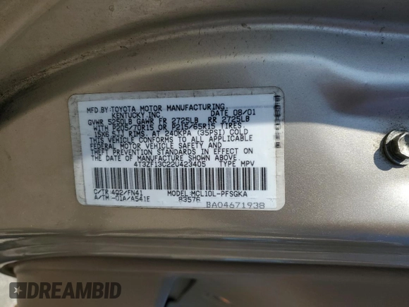2002 Toyota Sienna LE with VIN 4T3ZF13C22U423405, listed as a Copart auction lot 53753045 with 208,523 mi miles and Salvage Title. Bid and sale history available at DreamBid. Image 13.