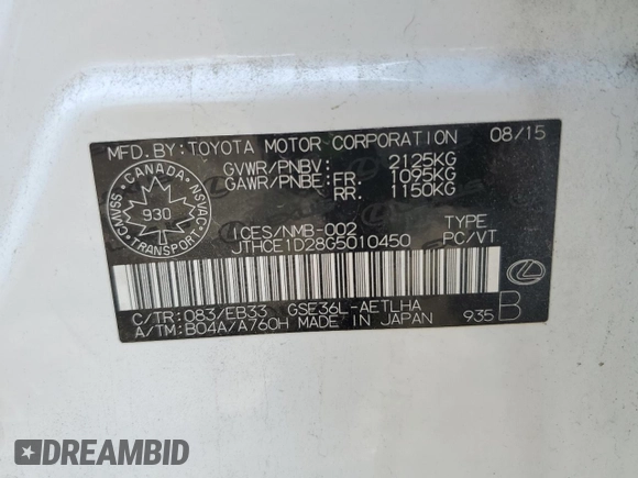 2016 Lexus IS 350 with VIN JTHCE1D28G5010450, listed as a Copart auction lot 53604545 with Not provided miles and Salvage title. Bid and sale history available at DreamBid. Image 13.