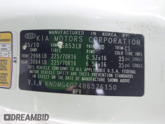 2011 Kia Sedona LX with VIN KNDMG4C74B6376150, listed as a IAAI auction lot 41820075 with 182,568 mi miles. Bid and sale history available at carsss.com. Image 9.