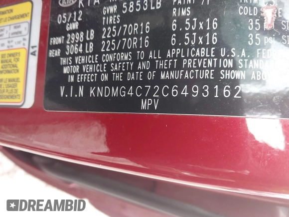 2012 Kia Sedona LX with VIN KNDMG4C72C6493162, listed as a IAAI auction lot 42012760 with 158,433 mi miles. Bid and sale history available at carsss.com. Image 9.