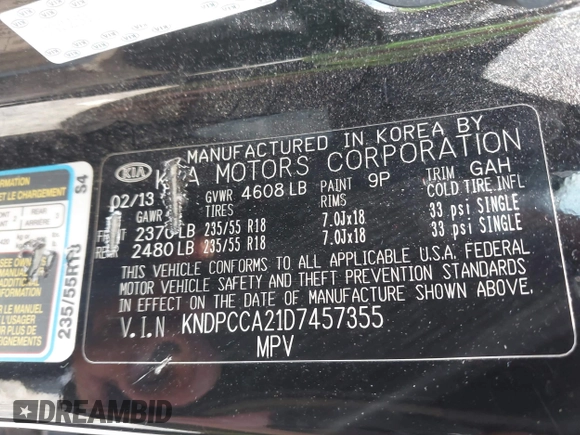 2013 Kia Sportage EX with VIN KNDPCCA21D7457355, listed as a IAAI auction lot 42694813 with 155,879 mi miles and . Bid and sale history available at DreamBid. Image 9.