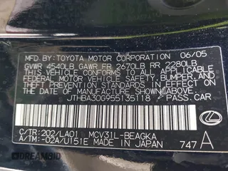 2005 Lexus ES 350 with VIN JTHBA30G955135118, listed as a IAAI auction lot 42080166 with 215,360 mi miles and . Bid and sale history available at DreamBid. Image 9.