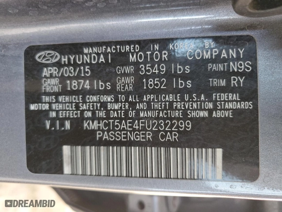 2015 Hyundai Accent GS with VIN KMHCT5AE4FU232299, listed as a Copart auction lot 46483495 with 52,530 mi miles and Salvage Title. Bid and sale history available at carsss.com. Image 12.