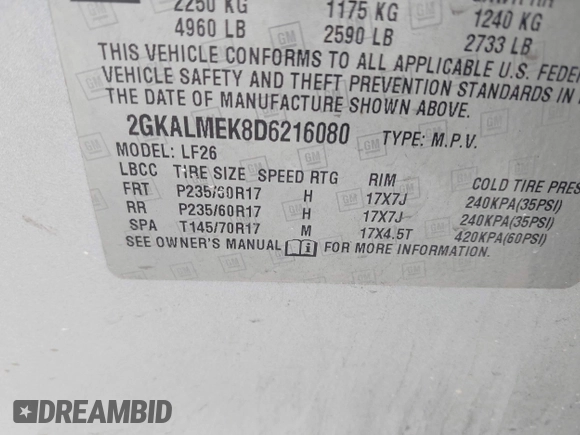 2013 GMC Terrain SLE with VIN 2GKALMEK8D6216080, listed as a IAAI auction lot 42289033 with 217,295 mi miles and . Bid and sale history available at DreamBid. Image 9.