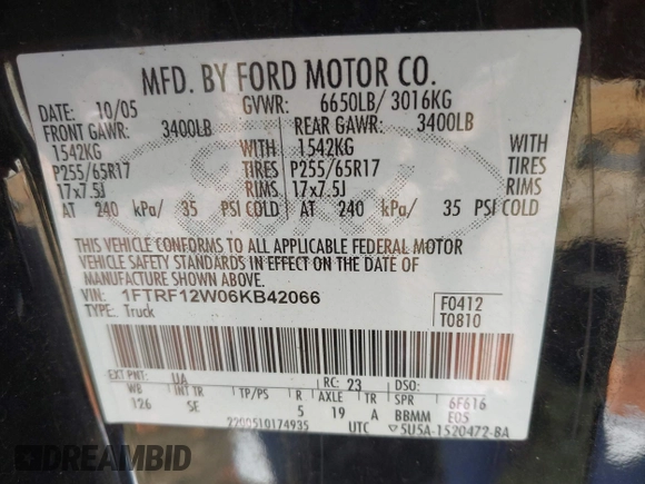 2006 Ford F-150 XL with VIN 1FTRF12W06KB42066, listed as a IAAI auction lot 41663377 with 136,528 mi miles and . Bid and sale history available at DreamBid. Image 9.