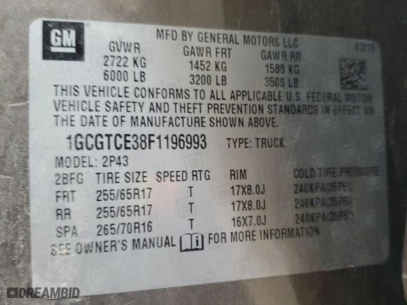 2015 Chevrolet Colorado 4WD Z71 with VIN 1GCGTCE38F1196993, listed as a Copart auction lot 50178015 with 107,079 mi miles and Salvage Title. Bid and sale history available at carsss.com. Image 12.