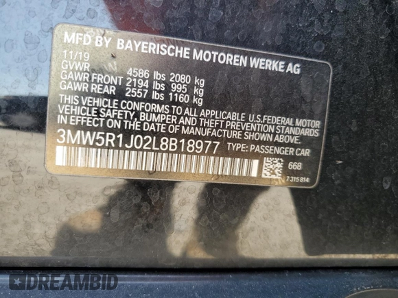2020 BMW 3 Series 330i z VIN 3MW5R1J02L8B18977, wystawiony jako Copart lot #57972275 z przebiegiem Nie podano mil oraz Nie do naprawy • Non repairable. Historia ofert i sprzedaży dostępna na DreamBid. Obrazek 12.