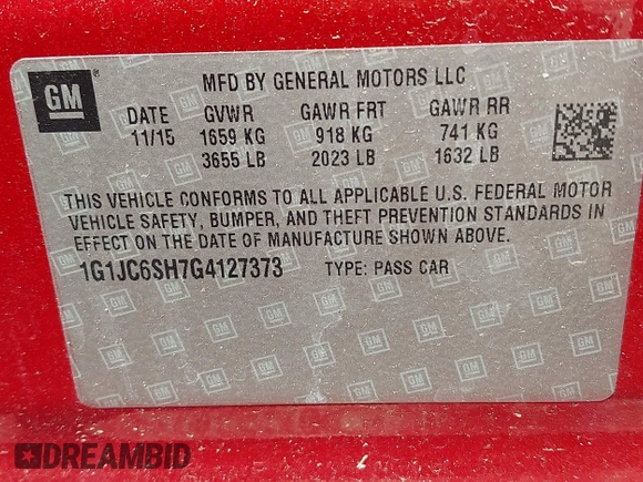 2016 Chevrolet Sonic LT with VIN 1G1JC6SH7G4127373, listed as a IAAI auction lot 41970423 with 130,440 mi miles. Bid and sale history available at carsss.com. Image 9.