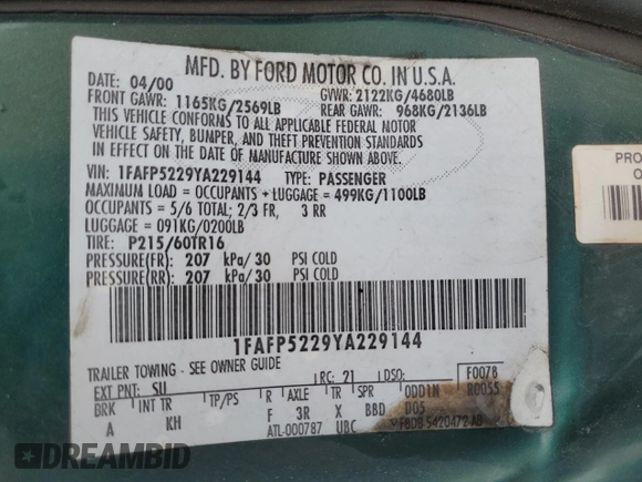 2000 Ford Taurus z VIN 1FAFP5229YA229144, wystawiony jako Copart lot #47918544 z przebiegiem 160 270 mil mil oraz Tytuł czysty. Historia ofert i sprzedaży dostępna na DreamBid. Obrazek 12.
