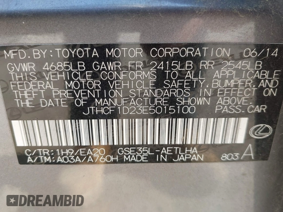 2014 Lexus IS 250 с VIN JTHCF1D23E5015100, выставлен на аукционе IAAI как лот 42232930 с пробегом 120 730 миль миль и . История ставок и продаж доступна на DreamBid. Изображение 9.