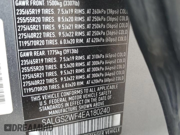 2014 Land Rover Range Rover HSE with VIN SALGS2WF4EA180240, listed as a Copart auction lot 56412085 with 90,235 mi miles and Salvage title. Bid and sale history available at DreamBid. Image 13.