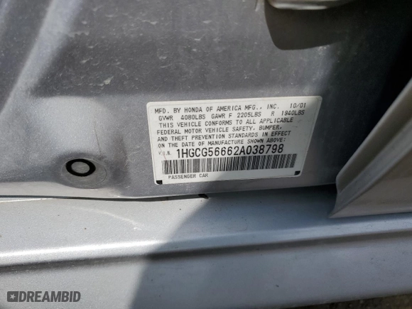 2002 Honda Accord Sdn EX with VIN 1HGCG56662A038798, listed as a Copart auction lot 53123095 with 121,794 mi miles and Salvage Title. Bid and sale history available at carsss.com. Image 12.