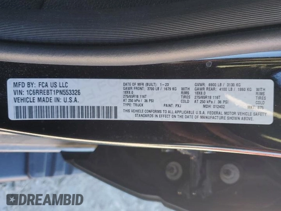 2023 Ram 1500 Lone Star with VIN 1C6RREBT1PN553326, listed as a Copart auction lot 42708125 with 55,353 mi miles and Salvage Title. Bid and sale history available at carsss.com. Image 13.