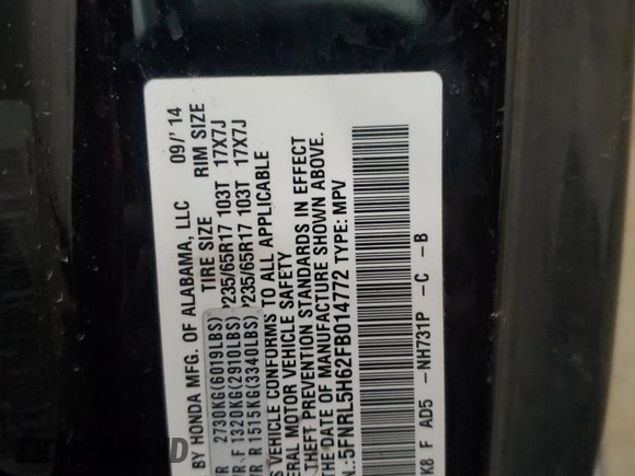 2015 Honda Odyssey EX-L with VIN 5FNRL5H62FB014772, listed as a Copart auction lot 55088925 with 144,152 mi miles and Salvage Title. Bid and sale history available at DreamBid. Image 14.