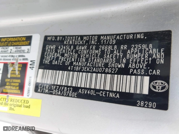 2010 Toyota Camry with VIN 4T1BF3EK2AU078627, listed as a IAAI auction lot 41787909 with 118,621 mi miles. Bid and sale history available at carsss.com. Image 9.