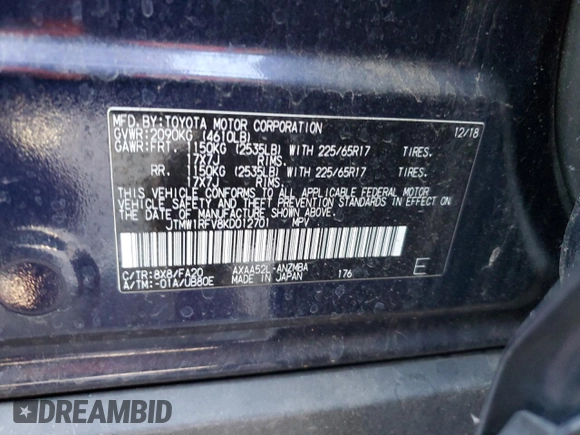 2019 Toyota RAV4 XLE with VIN JTMW1RFV8KD012701, listed as a Copart auction lot 54642105 with 25,747 mi miles and Salvage Title. Bid and sale history available at carsss.com. Image 12.