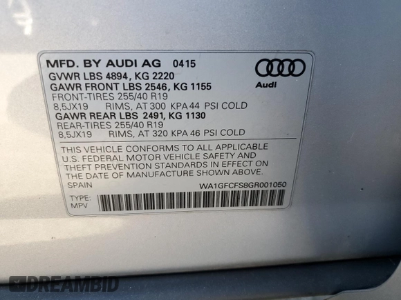 2016 Audi Q3 Prestige z VIN WA1GFCFS8GR001050, wystawiony jako Copart lot #49400595 z przebiegiem 104 091 mil mil oraz Szkoda całkowita • Salvage title. Historia ofert i sprzedaży dostępna na DreamBid. Obrazek 13.